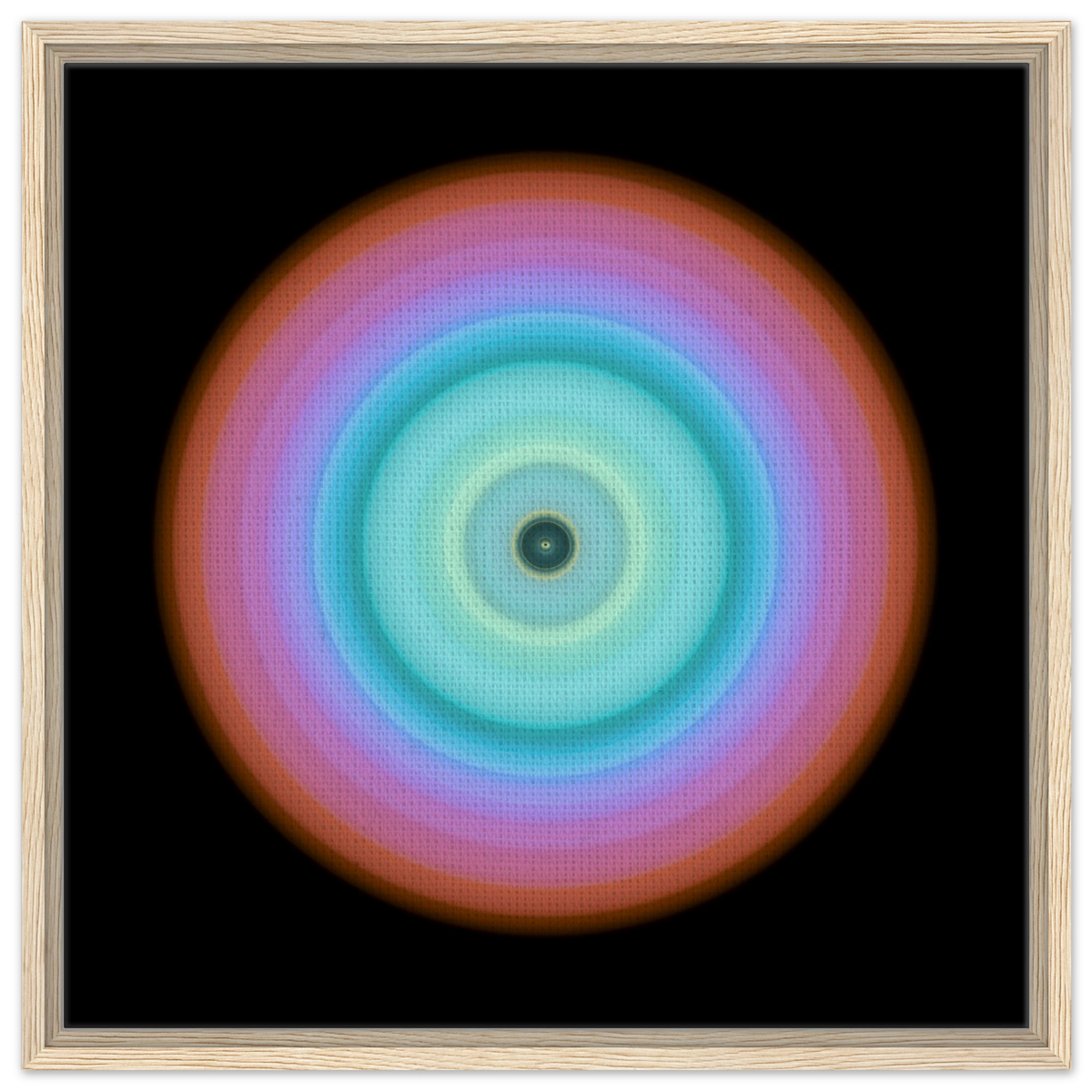 Circular aperture shape with dark center surrounded by concentric color bands transitioning from ice blue through turquoise and violet to coral pink.