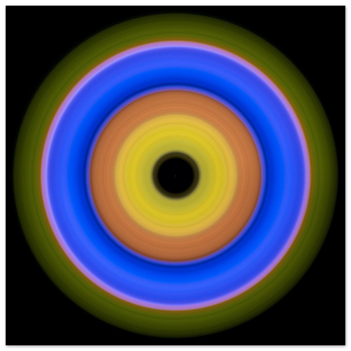 A circular aperture shape with concentric color rings radiating from a black center through yellow, orange, blue, and olive green.