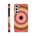 A circular aperture with six concentric rings transitioning from coral on the outside through pink, olive green, and peach to a black center.