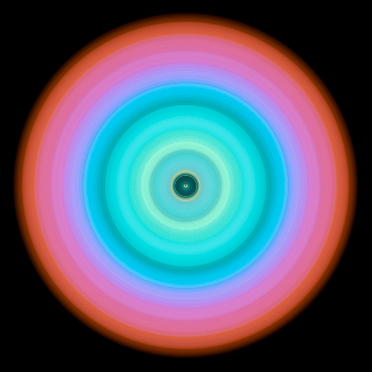 Circular aperture shape with dark center surrounded by concentric color bands transitioning from ice blue through turquoise and violet to coral pink.